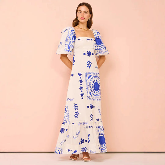 Damen Maxikleid mit eleganten Puffärmeln und floralen Akzenten R&B