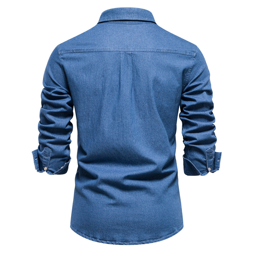 Herren nan schmal geschnittenes Denim-Hemd mit Kentkragen und aufgesetzten Brusttaschen R&B