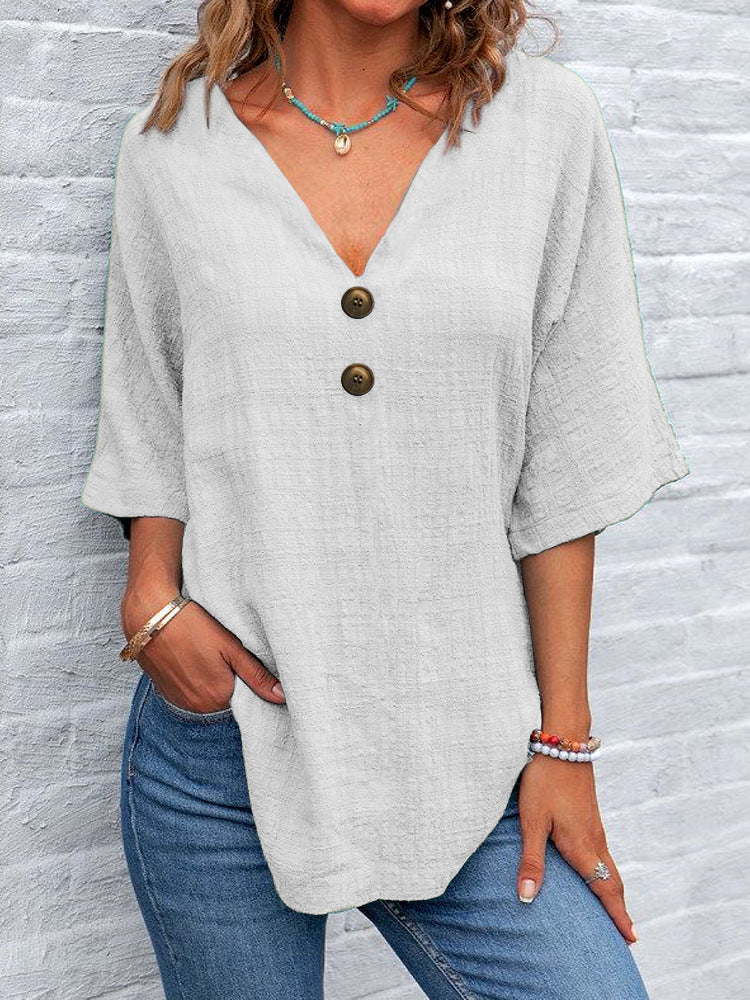 Damen V-Ausschnitt Bluse mit dekorativen Knöpfen und lässigem Schnitt R&B