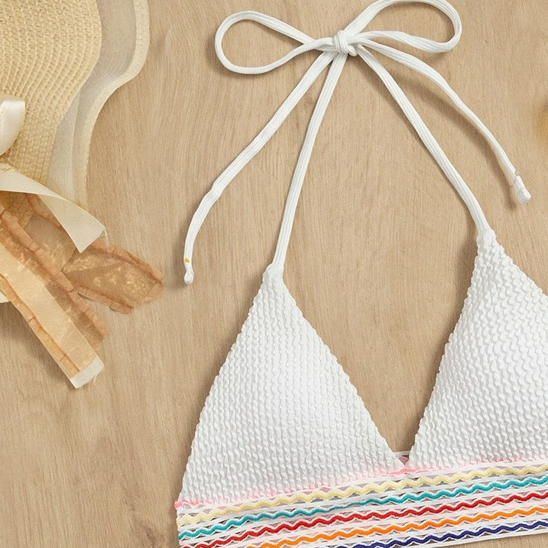 Damen Triangel-Bikini mit hoch geschnittenem Unterteil und buntem Wickelband R&B