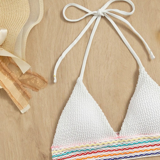 Damen Triangel-Bikini mit hoch geschnittenem Unterteil und buntem Wickelband R&B
