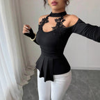 Damen nan schulterfreies Langarm-Top mit Chokerkragen, floralen Spitzenapplikationen und tailliertem Schößchen R&B