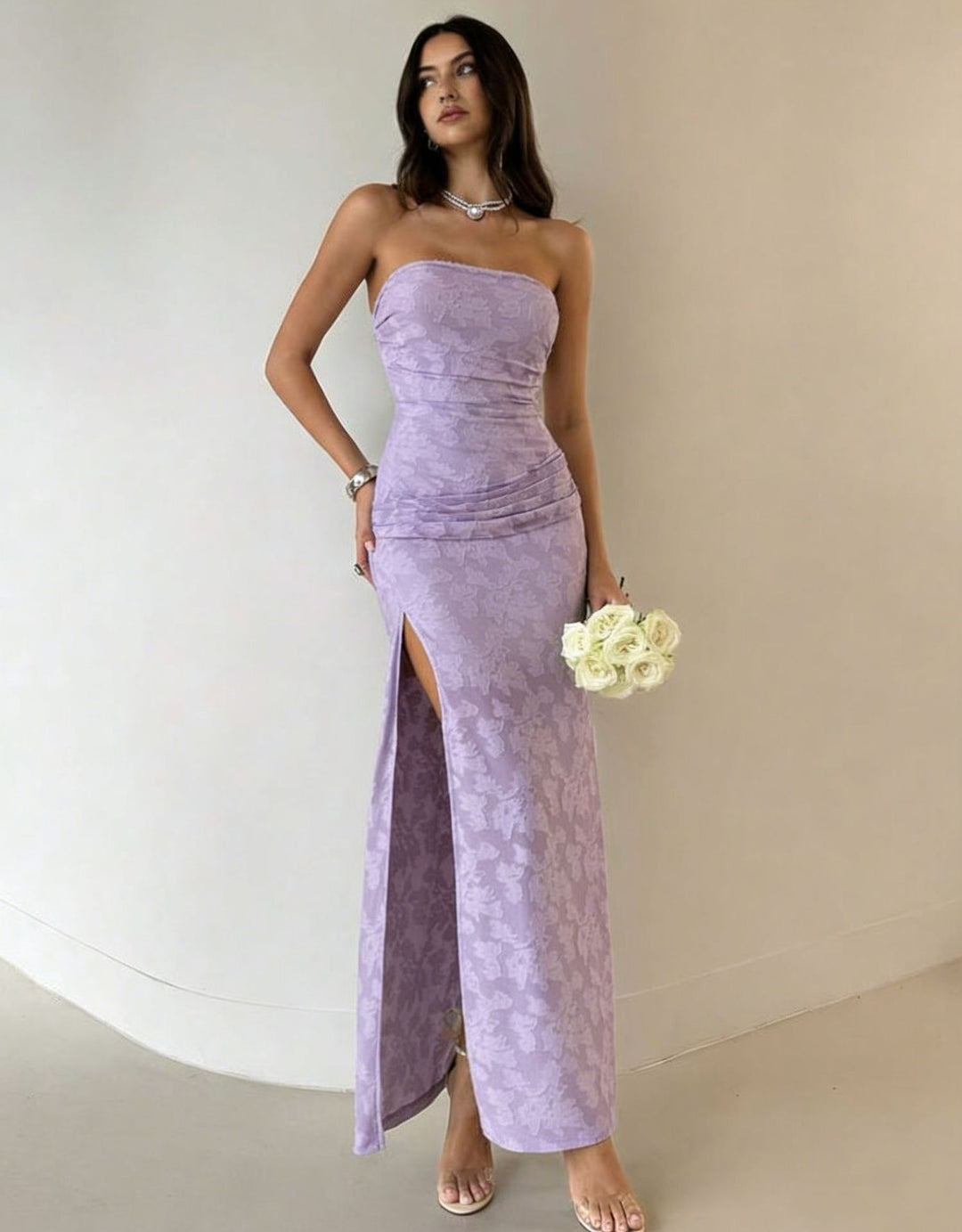 Damen Elegantes Maxikleid mit floralem Design und hoher Teilung R&B