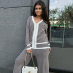 Damen lässiges Strick-Loungewear-Set mit hochwertigem Zip-Cardigan und Weitbein-Hosen R&B