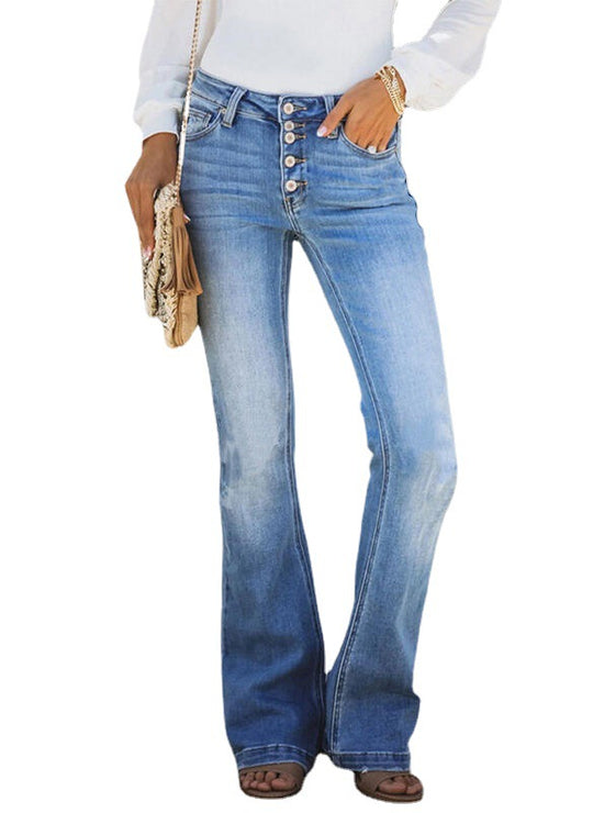 Damen Flared Jeans mit hochgestelltem Bund und Knopfdetails R&B