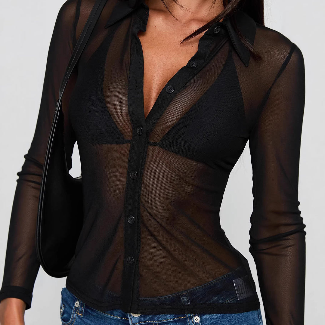 Damen Transparente Bluse mit sexy Design und feinen Knopfdetails R&B