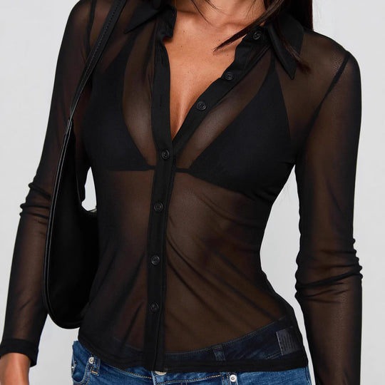 Damen Transparente Bluse mit sexy Design und feinen Knopfdetails R&B