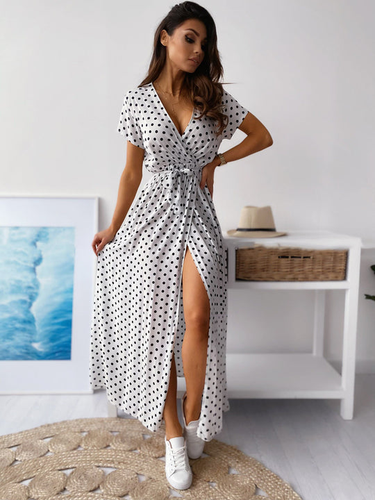 Damen Maxikleid mit Polka-Dots und verstellbarem Taillengürtel R&B
