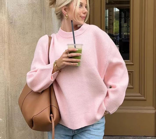 Damen grob gestrickter Pullover mit weiten Ärmeln und Rundhalsausschnitt R&B
