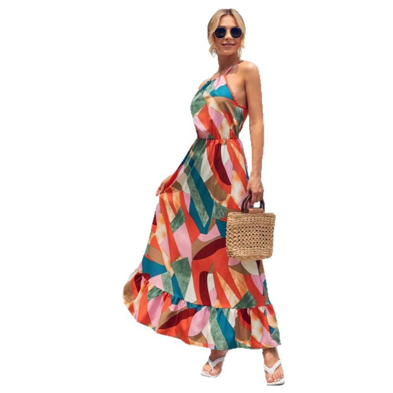 Damen Langes Maxikleid mit auffälligem geometrischem Muster und anpassbarem Träger R&B