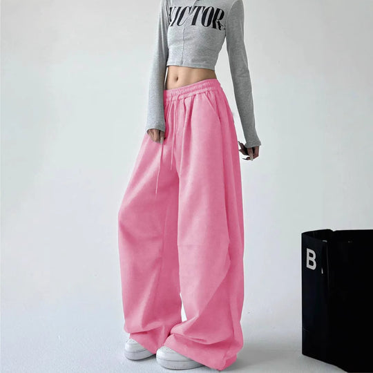 Damen lässige High-Waist Jogginghose mit weitem Bein und elastischem Bund R&B