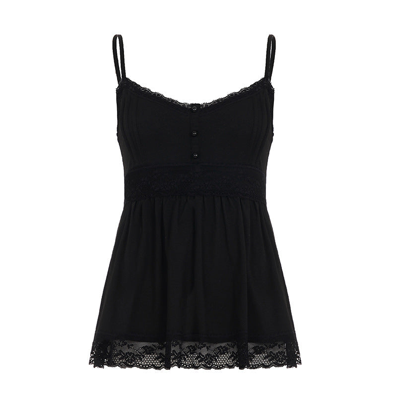 Damen Spaghetti-Trägertop mit romantischer Spitzenverzierung und knopfbarem Detail R&B