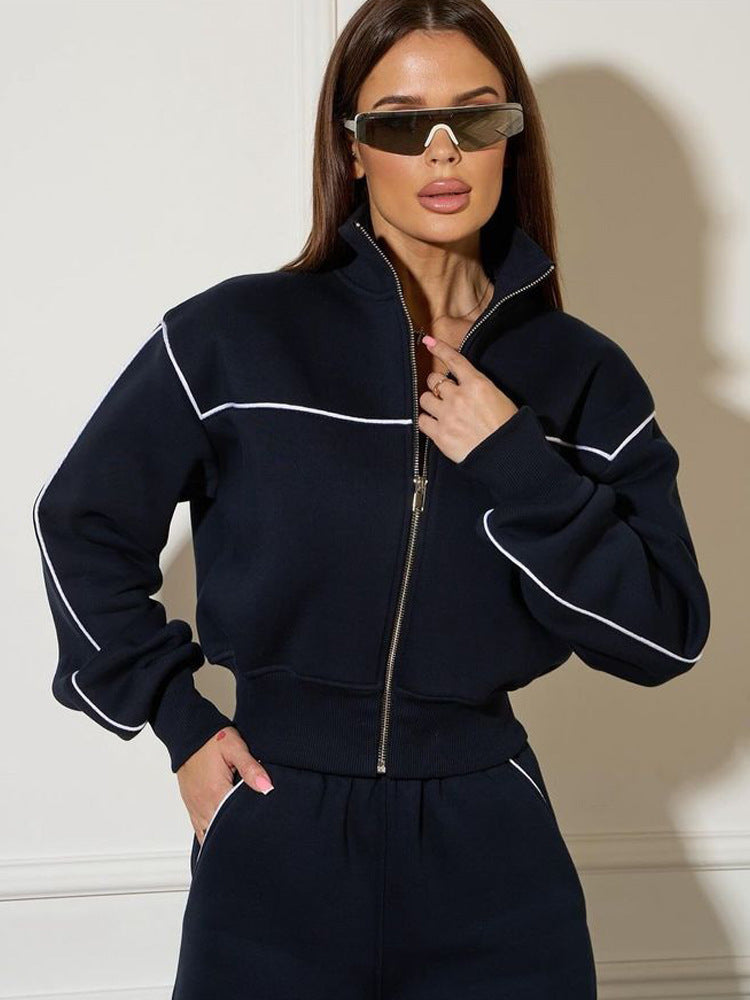 Damen modische Sweatjacke mit hochgeschlossenem Kragen und feinen Kontrastnähten R&B