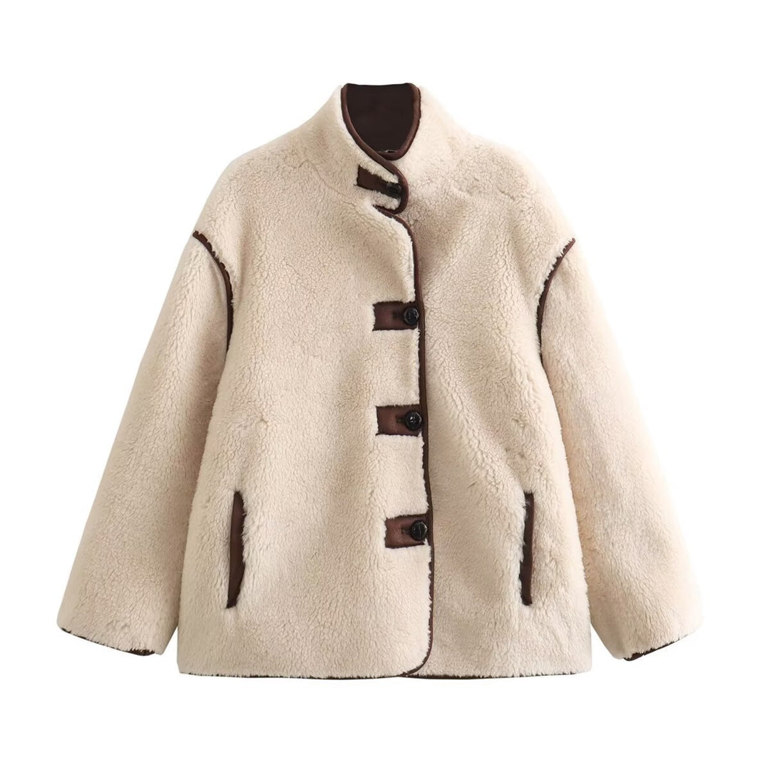 Damen Teddyfelljacke mit stylischem Stehkragen und praktischen Taschen R&B