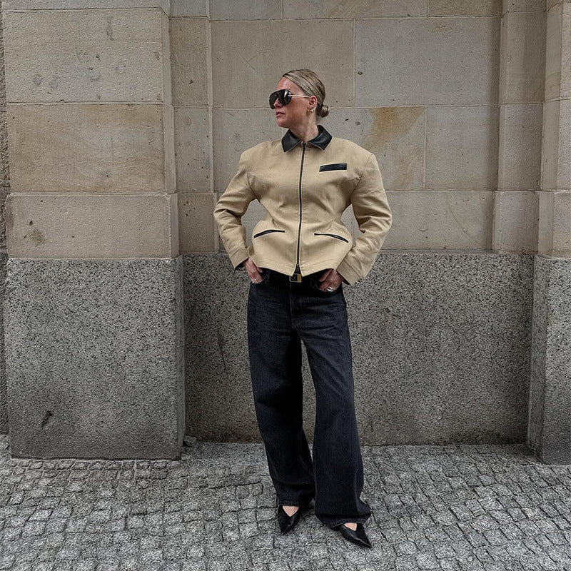 Damen modische Utility-Jacke mit hochgeschlossenem Kragen und Reißverschluss R&B
