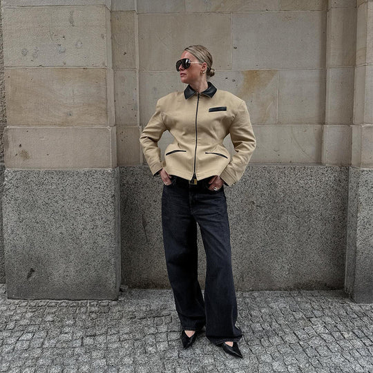 Damen modische Utility-Jacke mit hochgeschlossenem Kragen und Reißverschluss R&B