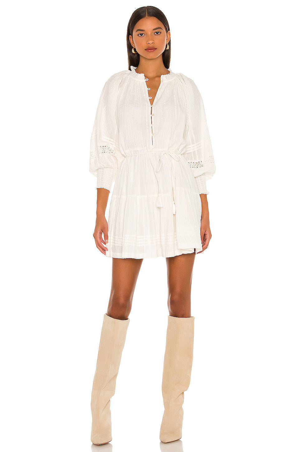 Damen luftiges Tunika-Kleid mit dekorativen Knopfdetails und Taillenzug R&B