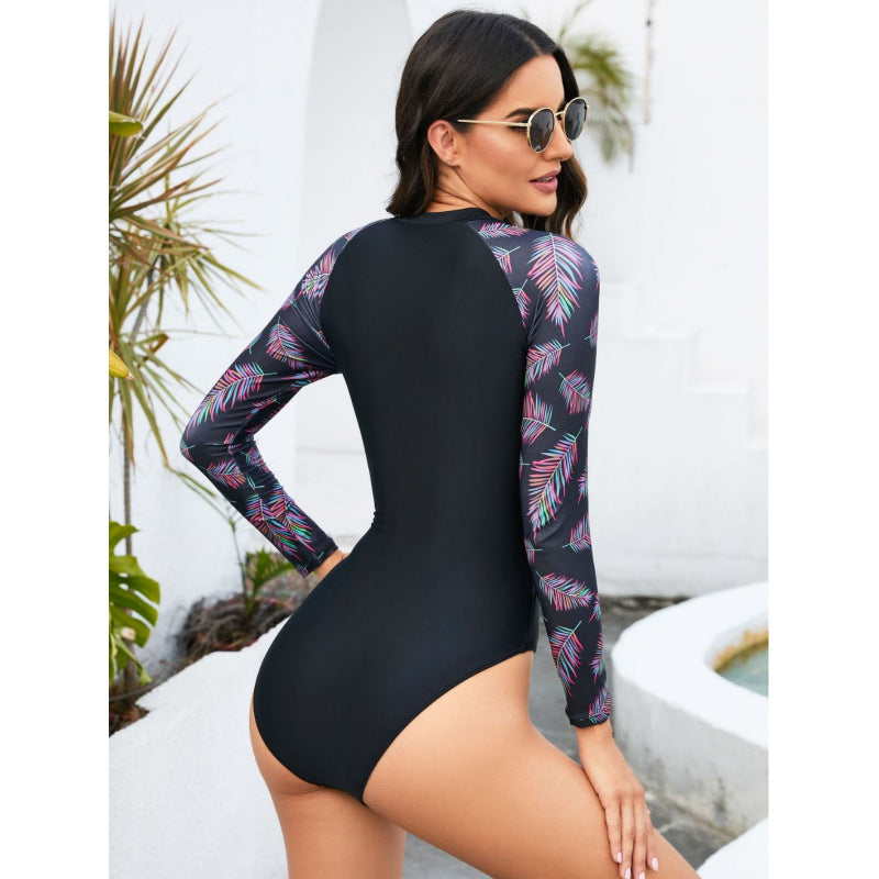 Damen Langarm-Surfanzug mit modernem Palmenmuster und stylischem Reißverschluss R&B