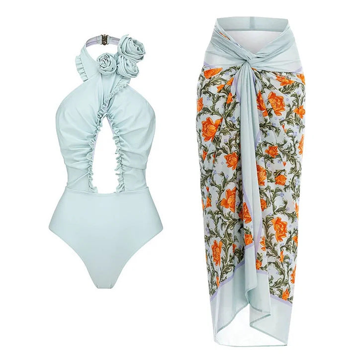 Damen Einteiliger Badeanzug mit floralem Cut-Out und Rüschen R&B