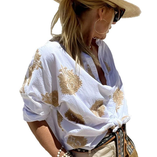 Damen Bluse mit kunstvollen Stickereien und weiten Ärmeln Heidi-Mode