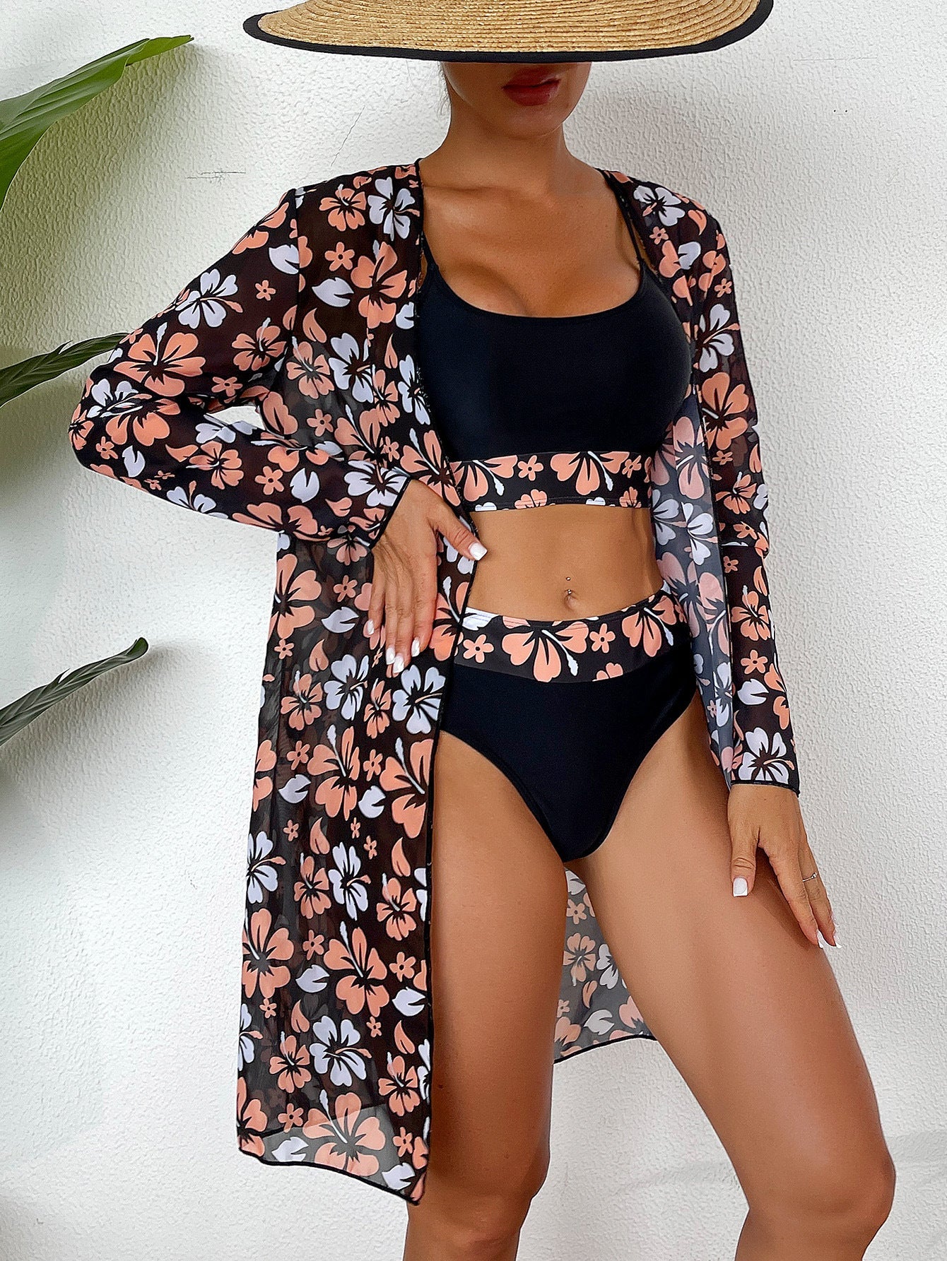 Damen Strandcover-Up mit floralem Design und eleganter Transparenz R&B