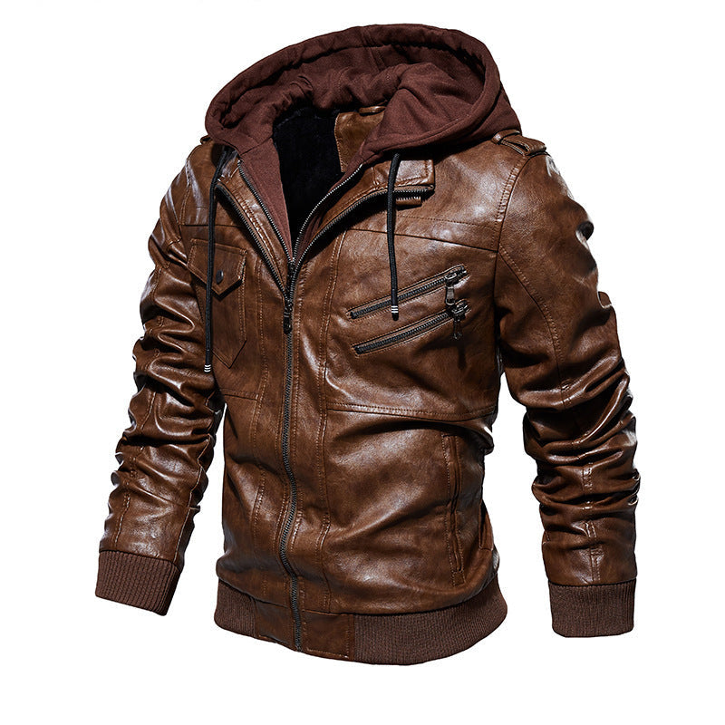 Herren lässige Kunstlederjacke mit abnehmbarer Kapuze und zahlreichen Taschen R&B