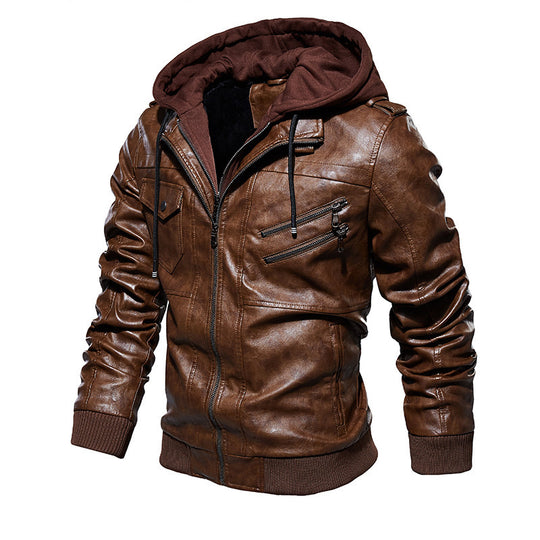 Herren lässige Kunstlederjacke mit abnehmbarer Kapuze und zahlreichen Taschen R&B
