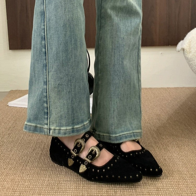 Damen Elegante und stilvolle Ballerinas mit modischen Schnallen und Nieten R&B