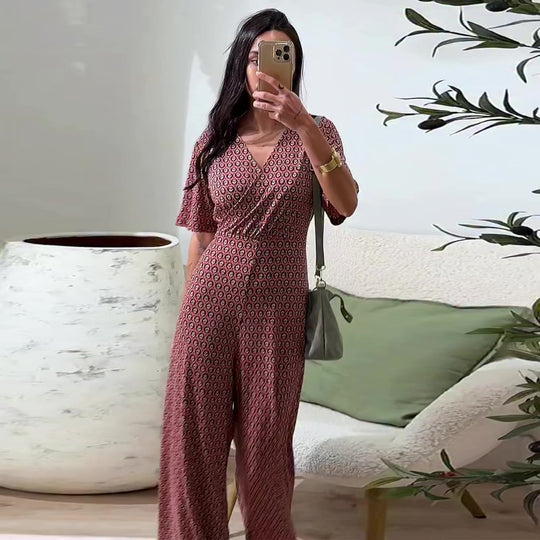 Damen Jumpsuit mit elastischem Bund und tiefem V-Ausschnitt R&B