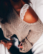 Damen Lässiger Off-Shoulder Strickpullover R&B