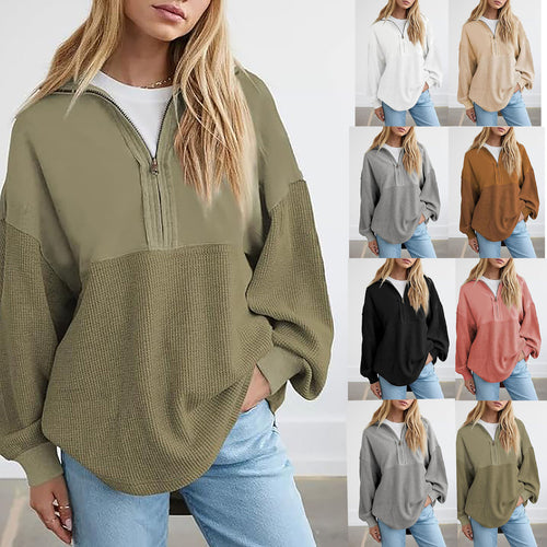 Damen lässiger Kapuzenpullover mit halblangem Reißverschluss und strukturiertem Material R&B