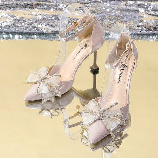 Damen elegante High Heels mit transparentem Fesselriemen und funkelndem Schleifenakzent R&B