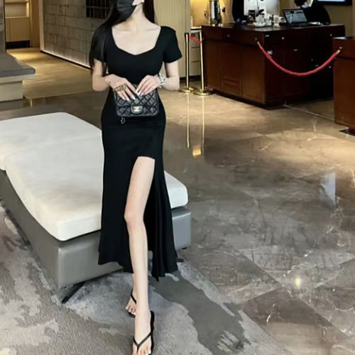 Damen figurbetontes langes Kleid mit schickem Raffungseffekt und hohem Schlitz R&B