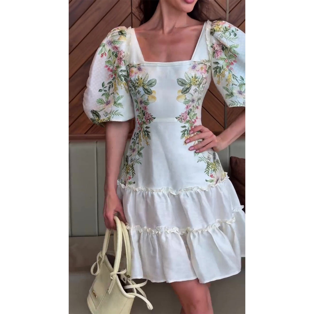 Damen Blumenkleid mit voluminösen Puffärmeln und fließendem Rock R&B