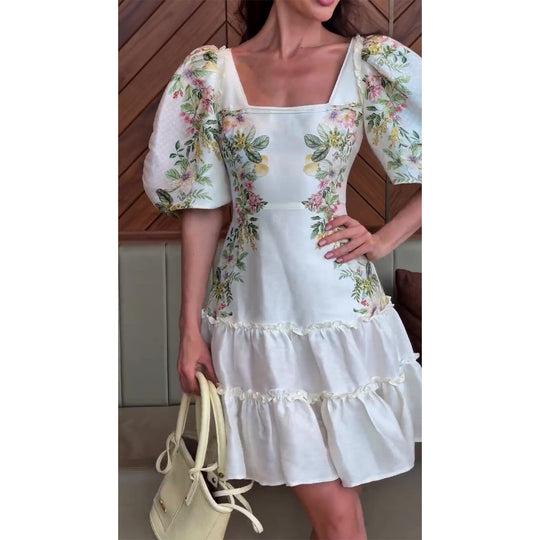 Damen Blumenkleid mit voluminösen Puffärmeln und fließendem Rock R&B
