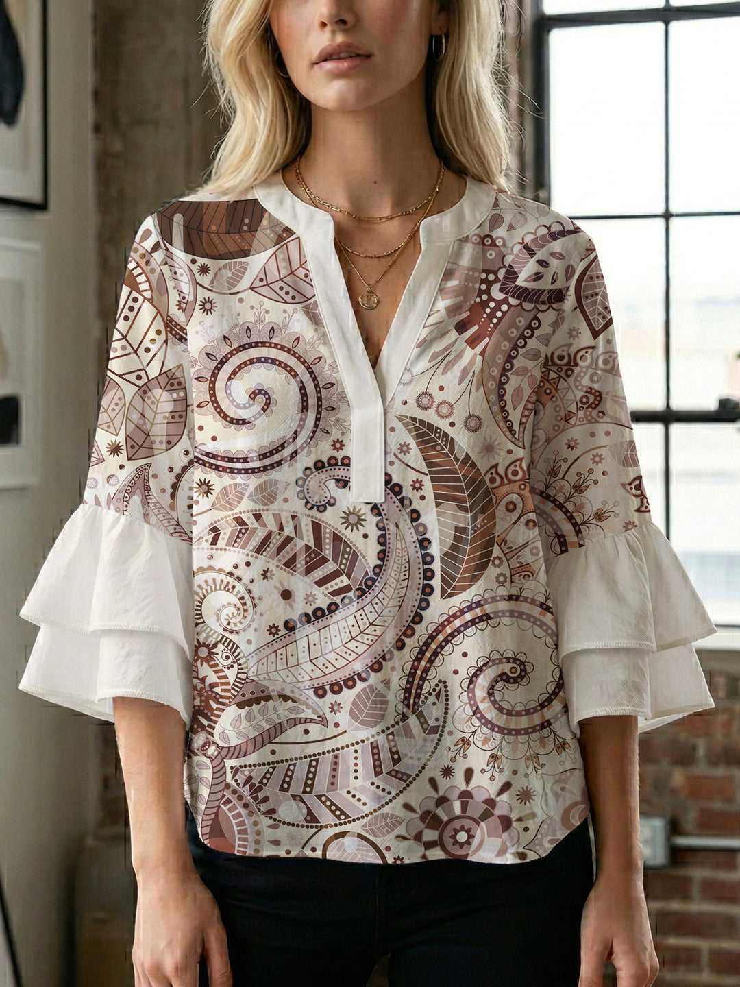 Damen Bluse mit voluminösen Rüschenärmeln und kreativem Floraldesign R&B
