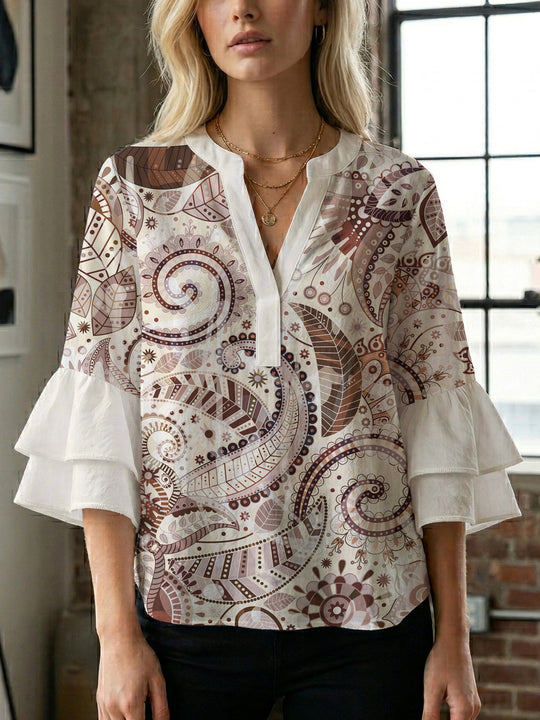 Damen Bluse mit voluminösen Rüschenärmeln und kreativem Floraldesign R&B