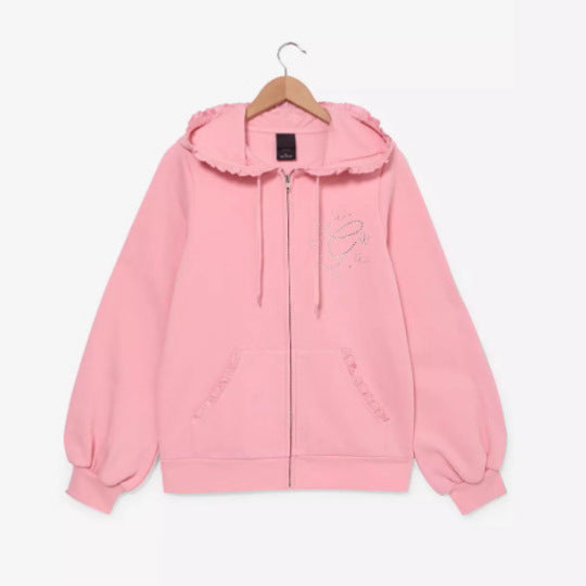 Damen nan Rüschen-Kapuzen-Sweatjacke mit Ballonärmeln und Strasslogo R&B