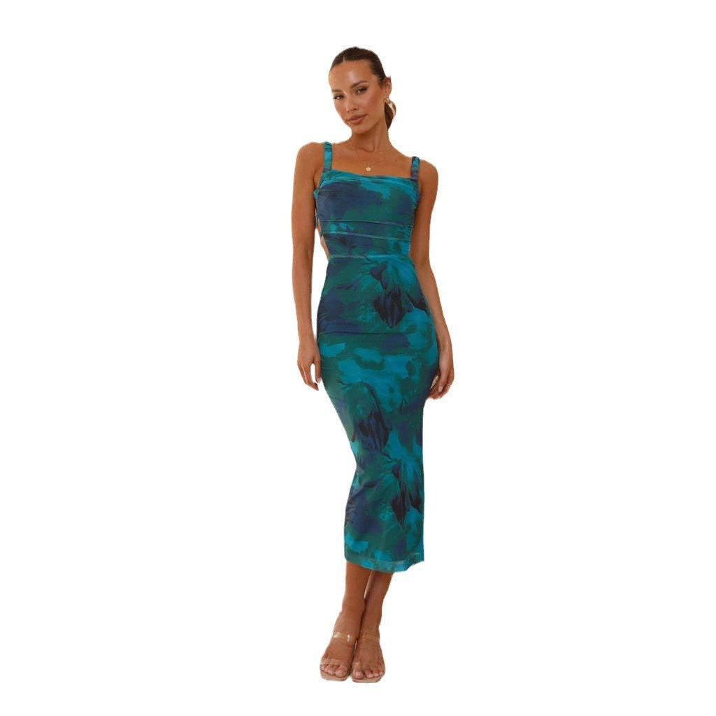 Damen Figurbetontes Maxikleid mit ästhetischem Blumendesign und Schlitzdetails EB