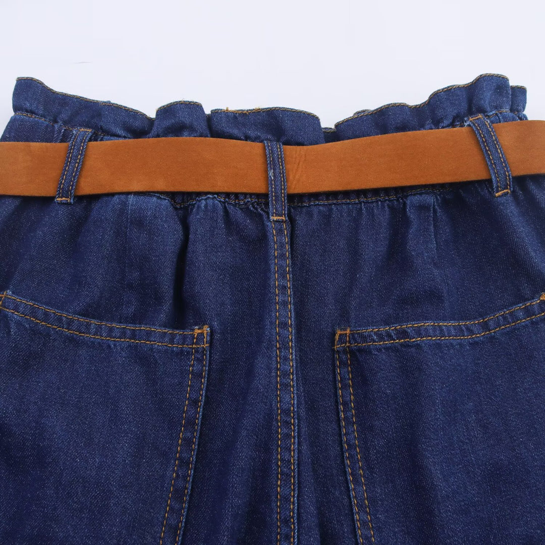 Damen Denim-Shorts mit hochwertigem Ledergürtel und elastischem Bund R&B