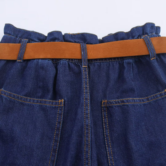 Damen Denim-Shorts mit hochwertigem Ledergürtel und elastischem Bund R&B