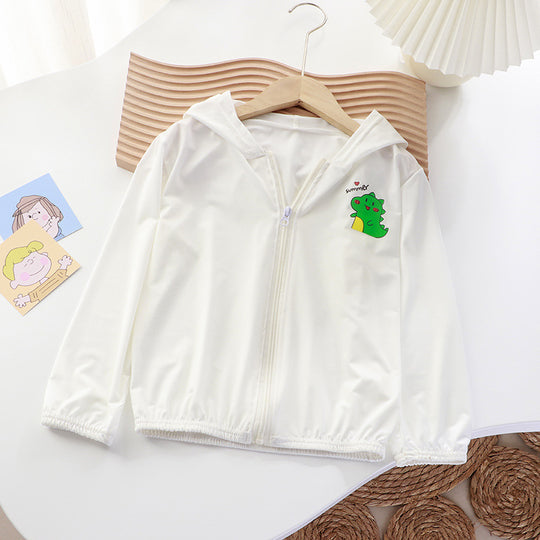 Unisex nan leichte Kinder-Softshelljacke mit Kapuze, Reißverschluss und niedlichem Dino-Print  R&B