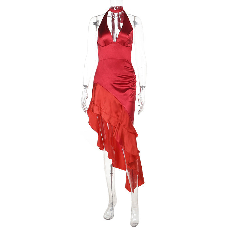 Damen elegantes Wickelkleid mit tiefem V-Ausschnitt und fransigem Saum R&B
