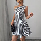 Damen Schulterfreies Streifen-Kleid mit eleganten Falten R&B