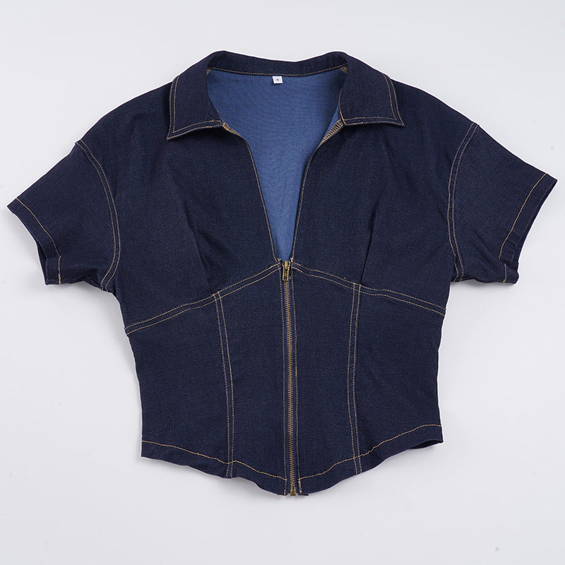 Damen Kurzarm Denim-Jacke mit teilbarem Reißverschluss und modischem Schnitt R&B