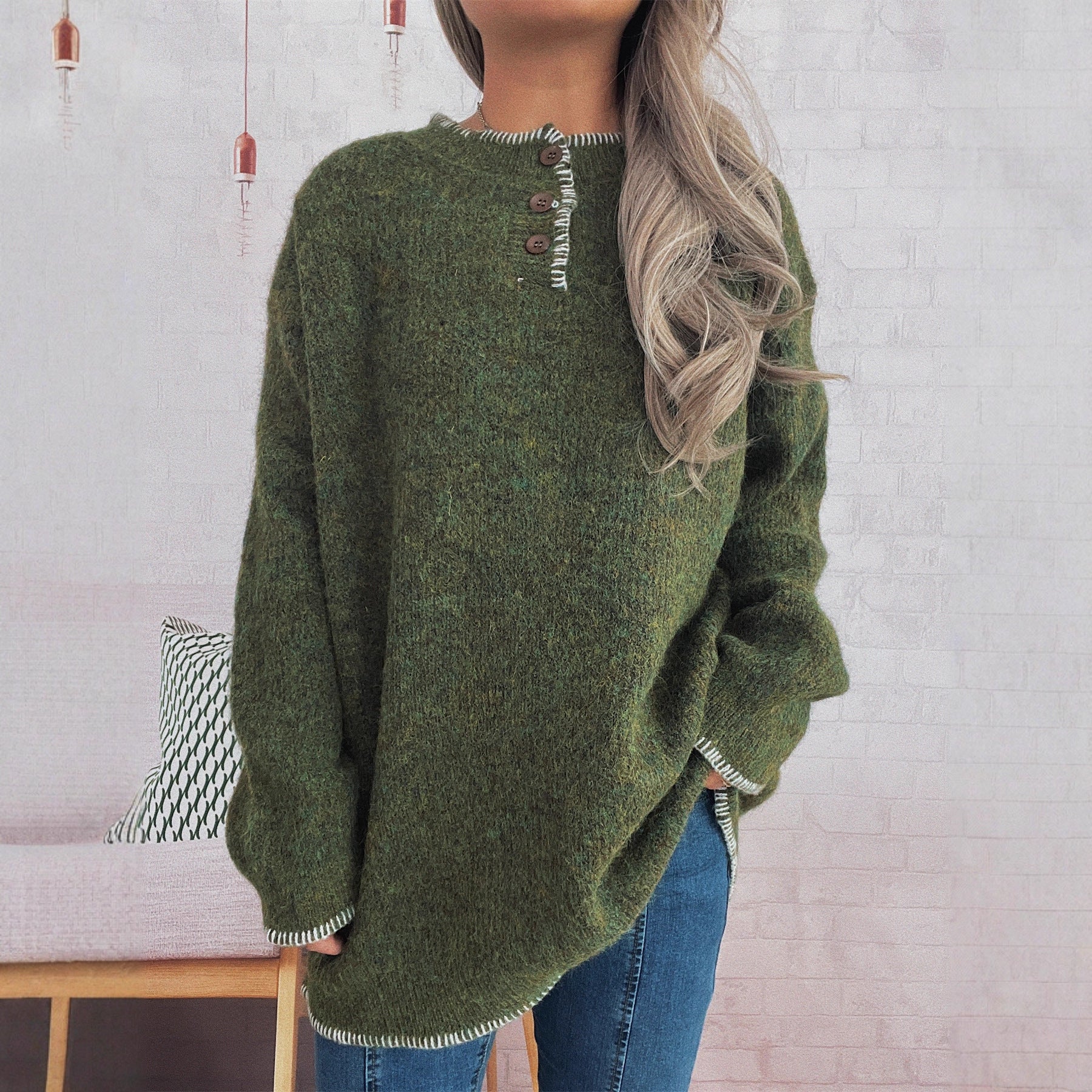 Damen Oversize Strickpullover mit Knopfleiste R&B