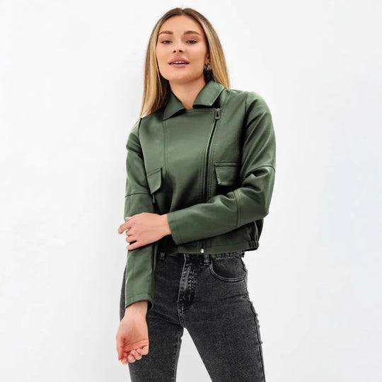 Damen cropped Kunstlederjacke mit praktischen Taschen und modernem Schnitt R&B