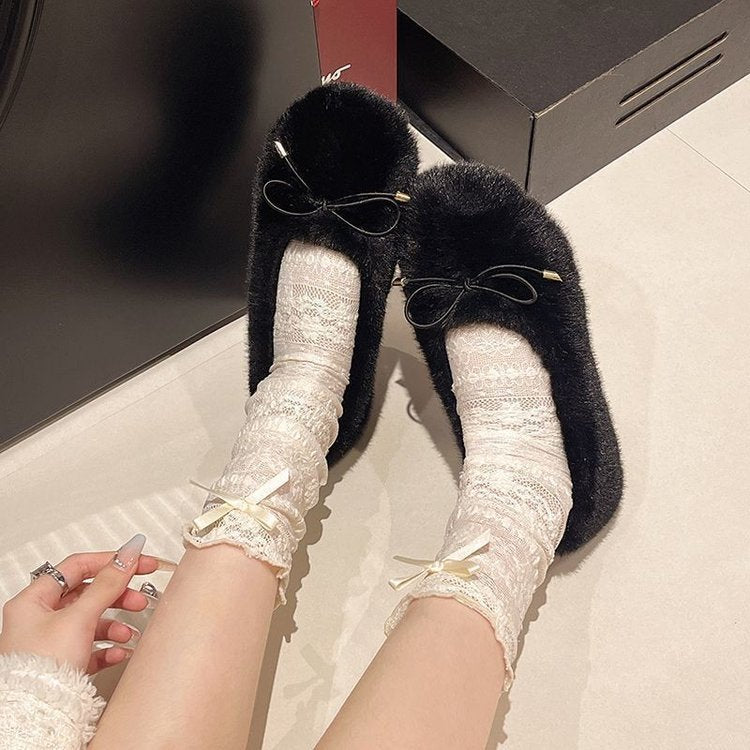 Damen Flauschige Pantoffeln mit dekorativem Bow R&B