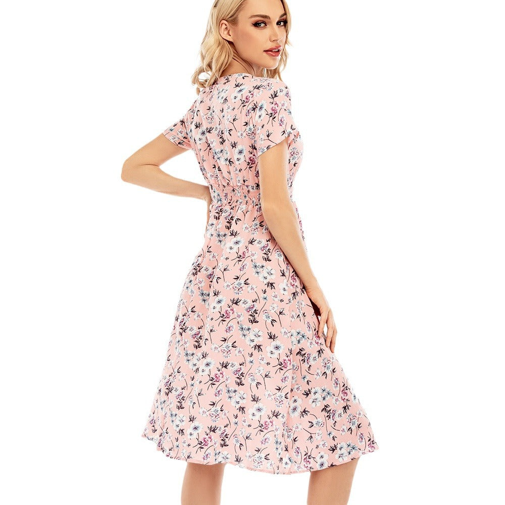 Damen langärmliges Kleid mit floralem Design und elastischem Taillenbund R&B