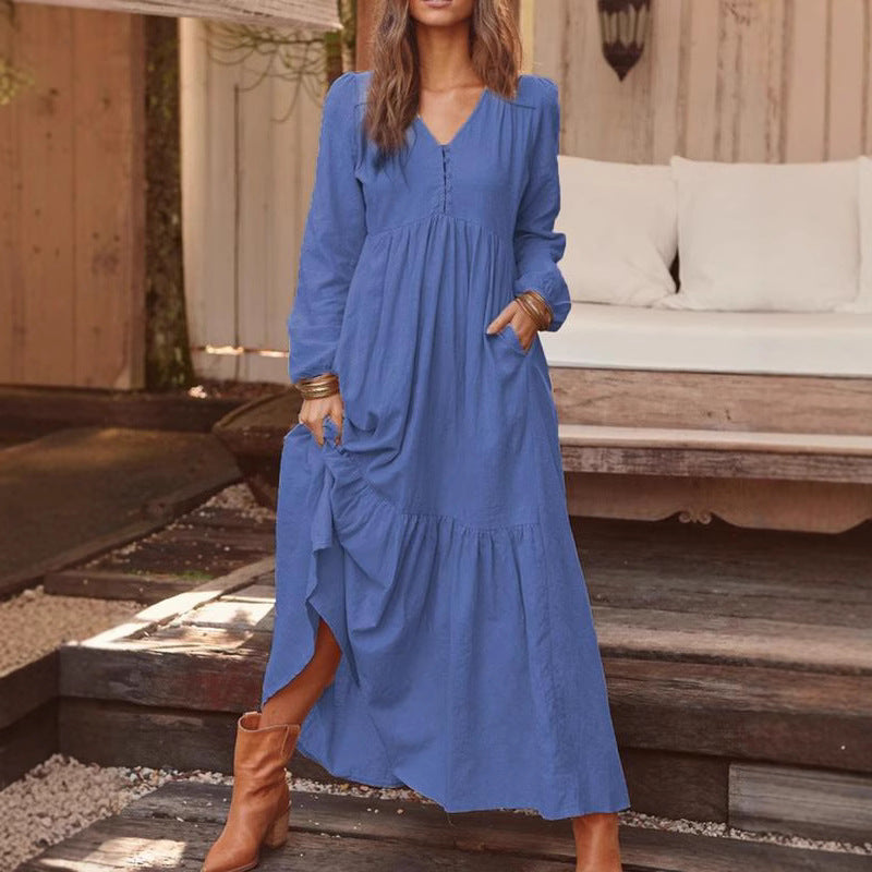 Damen nan luftiges Maxikleid mit V-Ausschnitt, langen Ärmeln und seitlichen Taschen R&B
